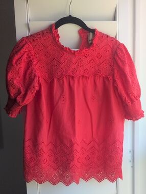 Coral Eyelet Puff-Sleeve Blouse with Ruffle Neck